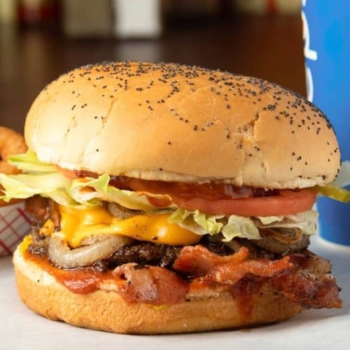 Bacon Cheese Burger with BBQ Sauce & Grilled Onions.